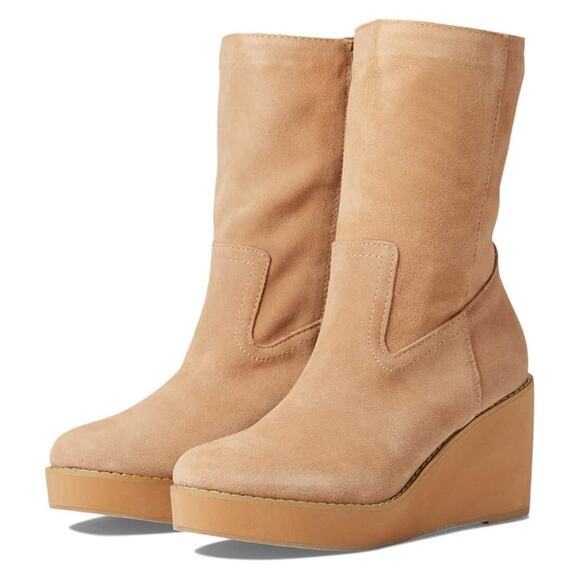 Coconuts Matisse Tan Suede Leather Comet Mid Calf Platform Wedge Zipper Boots - Picture 1 of 9
